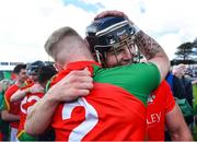 19 September 2021; Jack Kelly of Rapparees, right, celebrates with team-mate Nathan O'Connor after their side's victory in the Wexford Senior County Hurling Championship Final match between St Anne's Rathangan and Rapparees at Chadwicks Wexford Park in Wexford. Photo by Piaras Ó Mídheach/Sportsfile