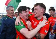 19 September 2021; Rapparees players Gary Murphy, left, and Dillon Redmond celebrate after their side's victory in the Wexford Senior County Hurling Championship Final match between St Anne's Rathangan and Rapparees at Chadwicks Wexford Park in Wexford. Photo by Piaras Ó Mídheach/Sportsfile