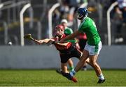 19 September 2021; Oisín Boland of St Mullins in action against Denis Murphy of Mount Leinster Rangers during the Carlow Senior County Hurling Championship Final match between Mount Leinster Rangers and St Mullins at Netwatch Cullen Park in Carlow. Photo by Ben McShane/Sportsfile
