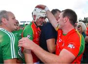 19 September 2021; Rapparees players Liam Ryan, left, and Kevin Foley celebrate after their side's victory in the Wexford Senior County Hurling Championship Final match between St Anne's Rathangan and Rapparees at Chadwicks Wexford Park in Wexford. Photo by Piaras Ó Mídheach/Sportsfile