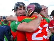 19 September 2021; Jack Kelly of Rapparees, behind, celebrates with team-mate Tom Wall after their side's victory in the Wexford Senior County Hurling Championship Final match between St Anne's Rathangan and Rapparees at Chadwicks Wexford Park in Wexford. Photo by Piaras Ó Mídheach/Sportsfile