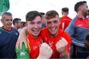 19 September 2021; Rapparees players Gary Murphy, left, and Dillon Redmond celebrate after their side's victory in the Wexford Senior County Hurling Championship Final match between St Anne's Rathangan and Rapparees at Chadwicks Wexford Park in Wexford. Photo by Piaras Ó Mídheach/Sportsfile