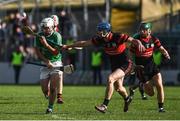 19 September 2021; Martin Kavanagh of St Mullins in action against Diarmuid Byrne of Mount Leinster Rangers during the Carlow Senior County Hurling Championship Final match between Mount Leinster Rangers and St Mullins at Netwatch Cullen Park in Carlow. Photo by Ben McShane/Sportsfile