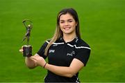 20 September 2021; PwC GPA Women’s Player of the Month in camogie for September, Maeve Kelly of Antrim, with her award today at her home club Ballycastle Camogie Club in Antrim. Photo by Piaras Ó Mídheach/Sportsfile