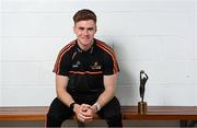 20 September 2021; PwC GAA/GPA Footballer of the Month for September, Conor Meyler of Tyrone, with his award today at his home club Omagh St Enda’s GAA in Omagh, Tyrone. Photo by Ramsey Cardy/Sportsfile