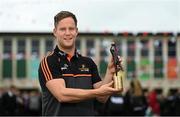 20 September 2021; PwC GAA/GPA Footballer of the Month for August, Kieran McGeary of Tyrone, with his award today at Holy Trinity College in Cookstown, Tyrone. Photo by Ramsey Cardy/Sportsfile