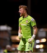 20 September 2021; Derry City goalkeeper Nathan Gartside celebrates his side's second goal, scored by team-mate Junior Ogedi-Uzokwe, during the SSE Airtricity League Premier Division match between Bohemians and Derry City at Dalymount Park in Dublin. Photo by Seb Daly/Sportsfile