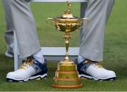 21 September 2021; The Ryder Cup trophy is seen at the feet of team captain Padraig Harrington during a Team Europe squad photo session prior to the Ryder Cup 2021 Matches at Whistling Straits in Kohler, Wisconsin, USA. Photo by Tom Russo/Sportsfile