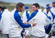 21 September 2021; Sergio Garcia, left, and Viktor Hovland during a Team Europe squad photo session prior to the Ryder Cup 2021 Matches at Whistling Straits in Kohler, Wisconsin, USA. Photo by Tom Russo/Sportsfile