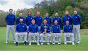 21 September 2021; Team Europe, back row, from left, Bernd Wiesberger, Matt Fitzpatrick, Tommy Fleetwood, Paul Casey, Viktor Hovland, Tyrrell Hatton, Shane Lowry and Ian Poulter, with front from left, Jon Rahm, Lee Westwood, team captain Padraig Harrington, Sergio Garcia and Rory McIlroy during a squad photo session prior to the Ryder Cup 2021 Matches at Whistling Straits in Kohler, Wisconsin, USA. Photo by Tom Russo/Sportsfile