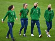 21 September 2021; Republic of Ireland players, from left, Niamh Fahey, Katie McCabe, Diane Caldwell and Denise O'Sullivan before the women's international friendly match between Republic of Ireland and Australia at Tallaght Stadium in Dublin. Photo by Seb Daly/Sportsfile