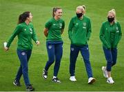 21 September 2021; Republic of Ireland players, from left, Niamh Fahey, Katie McCabe, Diane Caldwell and Denise O'Sullivan before the women's international friendly match between Republic of Ireland and Australia at Tallaght Stadium in Dublin. Photo by Seb Daly/Sportsfile