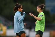 21 September 2021; Mary Fowler, left, and Steph Catley of Australia before the women's international friendly match between Republic of Ireland and Australia at Tallaght Stadium in Dublin. Photo by Seb Daly/Sportsfile