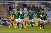 21 September 2021; Lucy Quinn of Republic of Ireland, left, celebrates after scoring her side's first goal during the women's international friendly match between Republic of Ireland and Australia at Tallaght Stadium in Dublin. Photo by Seb Daly/Sportsfile