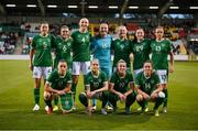 21 September 2021; The Republic of Ireland team, back row, from left, Niamh Fahey, Jamie Finn, Louise Quinn, Courtney Brosnan, Amber Barrett, Lucy Quinn and Áine O'Gorman, with, front row, from left, Katie McCabe, Denise O'Sullivan, Savannah McCarthy and Heather Payne before the women's international friendly match between Republic of Ireland and Australia at Tallaght Stadium in Dublin. Photo by Stephen McCarthy/Sportsfile