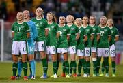 21 September 2021; Republic of Ireland team during the national anthem before the women's international friendly match between Republic of Ireland and Australia at Tallaght Stadium in Dublin. Photo by Seb Daly/Sportsfile