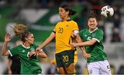 21 September 2021; Sam Kerr of Australia in action against Jamie Finn, left, and Niamh Fahey of Republic of Ireland during the women's international friendly match between Republic of Ireland and Australia at Tallaght Stadium in Dublin. Photo by Seb Daly/Sportsfile