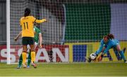 21 September 2021; Mary Fowler of Australia scores her side's first goal past Republic of Ireland goalkeeper Courtney Brosnan during the women's international friendly match between Republic of Ireland and Australia at Tallaght Stadium in Dublin. Photo by Stephen McCarthy/Sportsfile