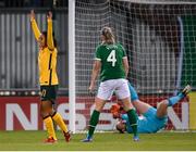 21 September 2021; Mary Fowler of Australia celebrates after scoring her side's first goal during the women's international friendly match between Republic of Ireland and Australia at Tallaght Stadium in Dublin. Photo by Stephen McCarthy/Sportsfile