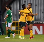 21 September 2021; Mary Fowler of Australia celebrates with team-mate Sam Kerr, left, after scoring her side's first goal during the women's international friendly match between Republic of Ireland and Australia at Tallaght Stadium in Dublin. Photo by Stephen McCarthy/Sportsfile