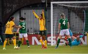 21 September 2021; Mary Fowler of Australia celebrates with team-mate Sam Kerr, left, after scoring her side's first goal during the women's international friendly match between Republic of Ireland and Australia at Tallaght Stadium in Dublin. Photo by Stephen McCarthy/Sportsfile