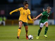 21 September 2021; Mary Fowler of Australia in action against Jamie Finn of Republic of Ireland during the women's international friendly match between Republic of Ireland and Australia at Tallaght Stadium in Dublin. Photo by Seb Daly/Sportsfile