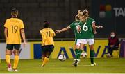 21 September 2021; Mary Fowler of Australia shoots to score her side's second goal during the women's international friendly match between Republic of Ireland and Australia at Tallaght Stadium in Dublin. Photo by Stephen McCarthy/Sportsfile