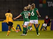 21 September 2021; Mary Fowler of Australia shoots to score her side's second goal during the women's international friendly match between Republic of Ireland and Australia at Tallaght Stadium in Dublin. Photo by Stephen McCarthy/Sportsfile