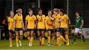 21 September 2021; Mary Fowler, 11, celebrates with her Australia team-mates after scoring their second goal during the women's international friendly match between Republic of Ireland and Australia at Tallaght Stadium in Dublin. Photo by Stephen McCarthy/Sportsfile
