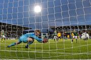 21 September 2021; Republic of Ireland goalkeeper Courtney Brosnan concedes a goal, scored by Mary Fowler of Australia, during the women's international friendly match between Republic of Ireland and Australia at Tallaght Stadium in Dublin. Photo by Seb Daly/Sportsfile