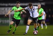 21 September 2021; Will Patching of Dundalk in action against Karl O’Sullivan of Finn Harps during the extra.ie FAI Cup Quarter-Final Replay match between Dundalk and Finn Harps at Oriel Park in Dundalk, Louth. Photo by Ben McShane/Sportsfile