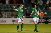 21 September 2021; Áine O'Gorman, left, and Niamh Farrelly of Republic of Ireland congratulate each other at the final whistle of the women's international friendly match between Republic of Ireland and Australia at Tallaght Stadium in Dublin. Photo by Seb Daly/Sportsfile