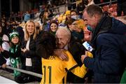 21 September 2021; Mary Fowler of Australia is greeted by her grandfather Kevin Fowler, from Ballymun, Dublin, following the women's international friendly match between Republic of Ireland and Australia at Tallaght Stadium in Dublin. Photo by Stephen McCarthy/Sportsfile