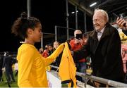 21 September 2021; Mary Fowler of Australia with her grandfather Kevin Fowler, from Ballymun, Dublin, following the women's international friendly match between Republic of Ireland and Australia at Tallaght Stadium in Dublin. Photo by Stephen McCarthy/Sportsfile