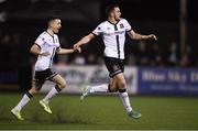 21 September 2021; Michael Duffy of Dundalk celebrates after scoring his side's third goal with team-mate Darragh Leahy, left, during the extra.ie FAI Cup Quarter-Final Replay match between Dundalk and Finn Harps at Oriel Park in Dundalk, Louth. Photo by Ben McShane/Sportsfile