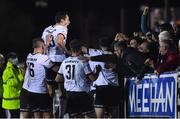21 September 2021; Dundalk players and supporters celebrate after their third goal, scored by Michael Duffy, during the extra.ie FAI Cup Quarter-Final Replay match between Dundalk and Finn Harps at Oriel Park in Dundalk, Louth. Photo by Ben McShane/Sportsfile