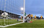 21 September 2021; Australia goalkeeper Mackenzie Arnold is beaten by a free kick from Lucy Quinn of Republic of Ireland for their opening goal during the women's international friendly match between Republic of Ireland and Australia at Tallaght Stadium in Dublin. Photo by Stephen McCarthy/Sportsfile