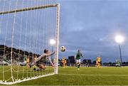 21 September 2021; Australia goalkeeper Mackenzie Arnold is beaten by a shot from Denise O'Sullivan of Republic of Ireland for their second goal during the women's international friendly match between Republic of Ireland and Australia at Tallaght Stadium in Dublin. Photo by Stephen McCarthy/Sportsfile