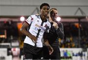 21 September 2021; Dundalk head coach Vinny Perth with Mayowa Animashaun of Dundalk after their victory in the extra.ie FAI Cup Quarter-Final Replay match between Dundalk and Finn Harps at Oriel Park in Dundalk, Louth. Photo by Ben McShane/Sportsfile