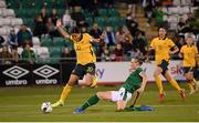 21 September 2021; Louise Quinn of Republic of Ireland puts in a tackle on Sam Kerr of Australia during the women's international friendly match between Republic of Ireland and Australia at Tallaght Stadium in Dublin. Photo by Stephen McCarthy/Sportsfile