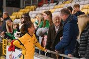 21 September 2021; Mary Fowler of Australia with her grandfather Kevin Fowler, from Ballymun, Dublin, following the women's international friendly match between Republic of Ireland and Australia at Tallaght Stadium in Dublin. Photo by Stephen McCarthy/Sportsfile