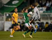 21 September 2021; Heather Payne of Republic of Ireland in action against Australia goalkeeper Lydia Williams during the women's international friendly match between Republic of Ireland and Australia at Tallaght Stadium in Dublin. Photo by Seb Daly/Sportsfile
