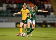 21 September 2021; Emily Whelan of Republic of Ireland in action against Clare Polkinghorne of Australia during the women's international friendly match between Republic of Ireland and Australia at Tallaght Stadium in Dublin. Photo by Seb Daly/Sportsfile