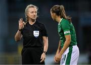 21 September 2021; Referee Paula Brady and Katie McCabe of Republic of Ireland during the women's international friendly match between Republic of Ireland and Australia at Tallaght Stadium in Dublin. Photo by Stephen McCarthy/Sportsfile