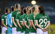 21 September 2021; Lucy Quinn and her Republic of Ireland team-mates stand for the playing of the National Anthem before the women's international friendly match between Republic of Ireland and Australia at Tallaght Stadium in Dublin. Photo by Stephen McCarthy/Sportsfile