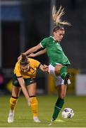 21 September 2021; Steph Catley of Australia in action against Jamie Finn of Republic of Ireland during the women's international friendly match between Republic of Ireland and Australia at Tallaght Stadium in Dublin. Photo by Stephen McCarthy/Sportsfile