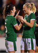 21 September 2021; Niamh Fahey, left, and Diane Caldwell of Republic of Ireland celebrate following the women's international friendly match between Republic of Ireland and Australia at Tallaght Stadium in Dublin. Photo by Stephen McCarthy/Sportsfile