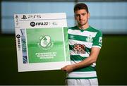 22 September 2021; SSE Airtricity League FIFA 22 Club Packs are back. Featuring the individual club crest of all 10 Premier Division teams, these exclusive sleeves will be available to download free from https://www.ea.com/games/fifa/fifa-22 when the game launches Friday, 1st October! Dylan Watts of Shamrock Rovers during the launch at Sport Ireland National Indoor Arena at the Sport Ireland Campus in Dublin. Photo by Stephen McCarthy/Sportsfile