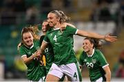 21 September 2021; Louise Quinn of Republic of Ireland, 4, celebrates with team-mates Heather Payne, left, and Savannah McCarthy after scoring their side's third goal during the women's international friendly match between Republic of Ireland and Australia at Tallaght Stadium in Dublin. Photo by Seb Daly/Sportsfile