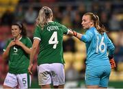 21 September 2021; Republic of Ireland goalkeeper Courtney Brosnan, right, and Louise Quinn during the women's international friendly match between Republic of Ireland and Australia at Tallaght Stadium in Dublin. Photo by Seb Daly/Sportsfile